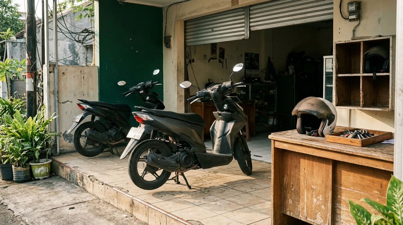 Ilustrasi motor dan helm yang disiapkan di depan toko rental.