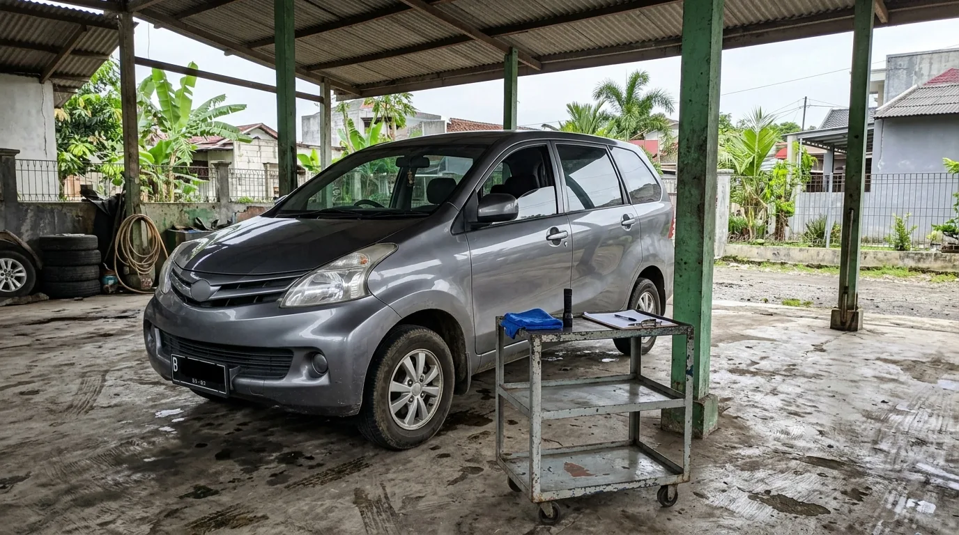 Ilustrasi mobil rental di area pemeriksaan dengan troli peralatan.