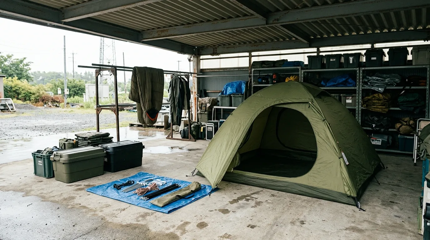Ilustrasi tenda yang dibentangkan untuk pemeriksaan di area persiapan rental outdoor.